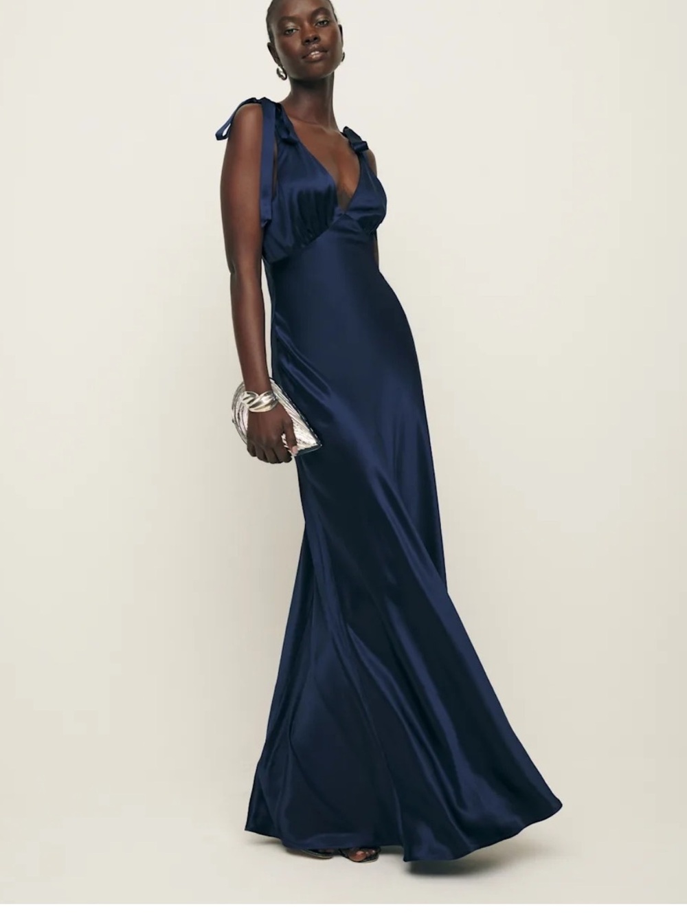 Reformation Navy Satin Tie-Strap Maxi Dress